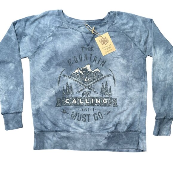 The Mountain NWT I Must Go Tie Dye Sweatshirt Ladies M Cotton Bld Blue Gorp Core - Picture 1 of 8